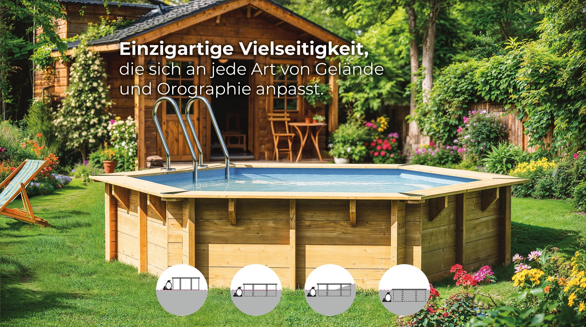 GRE Holzbecken rund Modell Vasto Ø 428 x 136 cm, Komplettset