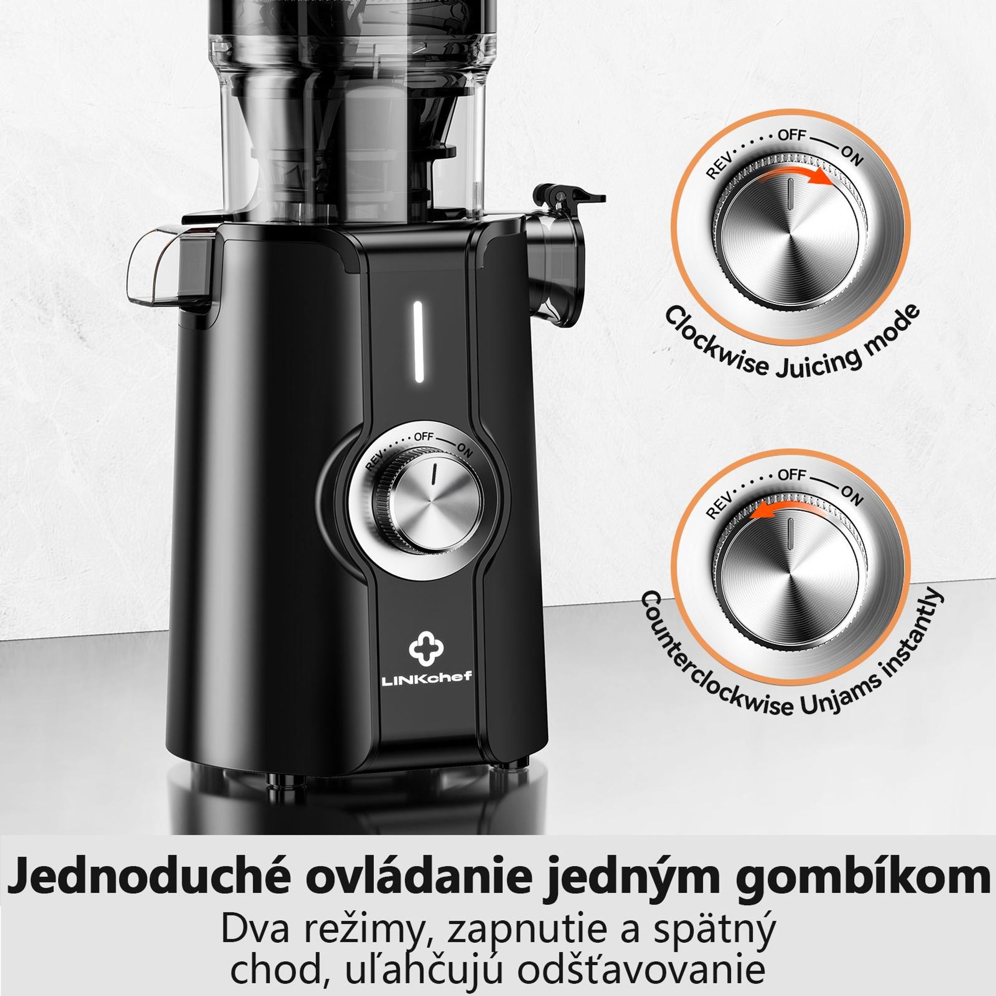 LINKChef SJ-051-EU-BL Pomalý Odšťavovač - 200W Výkon 1.2L Veľká kapacita Dva podávacie tácky Ľahko sa čistí - čierna