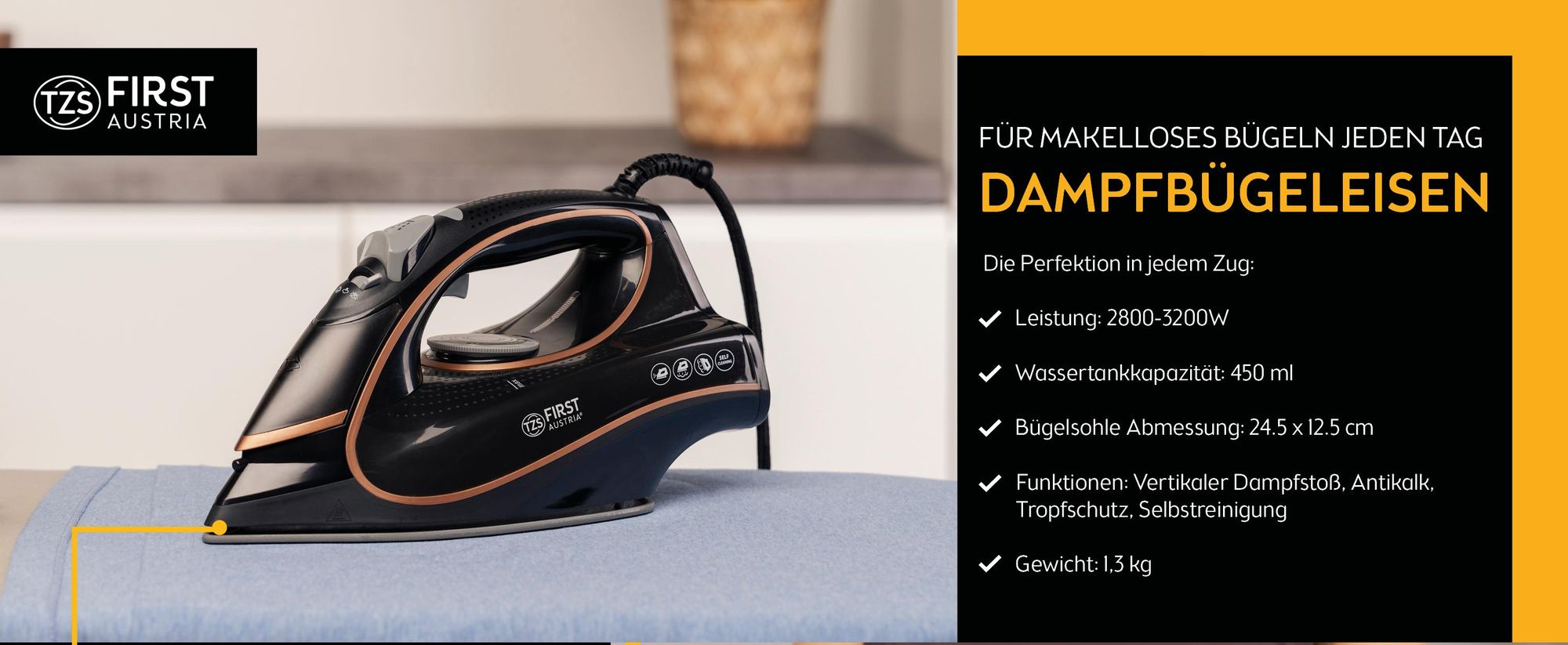 TZS First Austria - Dampfbügeleisen 3200 W - Keramiksohle - 42 Düsen, 27g/min Dampf - Vertikaldampf, Anti-Kalk & 450ml Wassertank - Schwarz