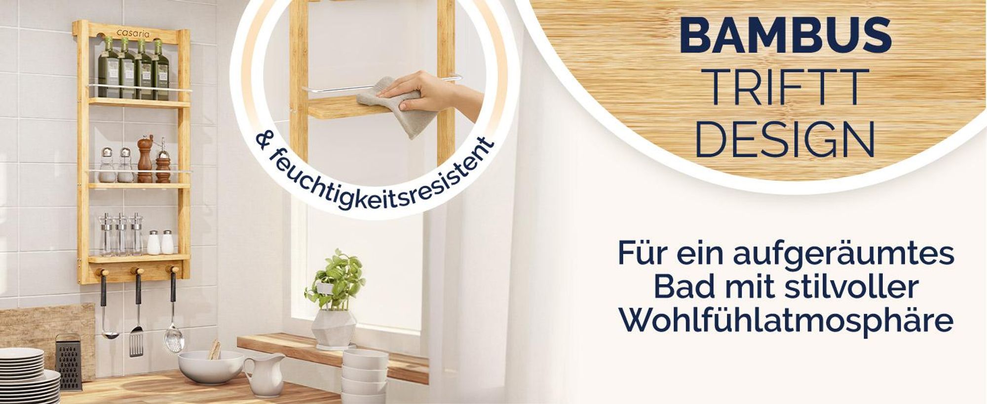 CASARIA® Duschregal Zum Hängen 3 Ablagen 3 Haken 70x29x10cm Duschablage Hängend Badregal Bambus Holz Hängeregal für Dusche Bad Küche Regal