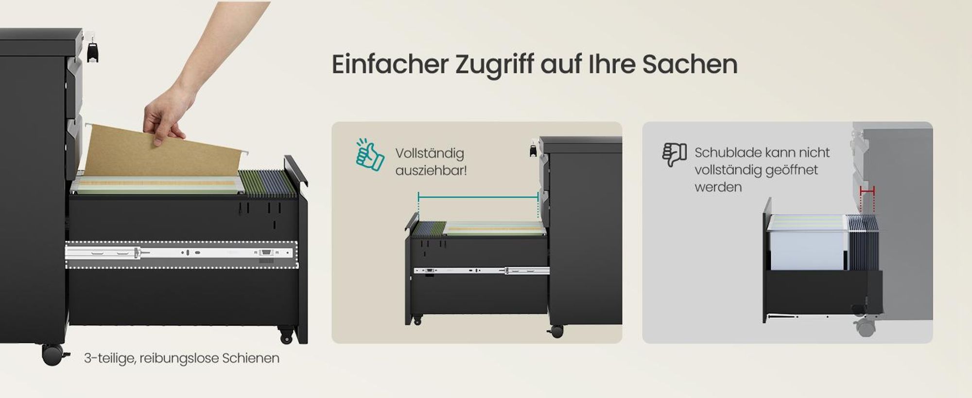 SONGMICS Büroschrank aus Stahl mit 3 Schubladen, abschließbarer Rollcontainer, für Homeoffice, Druckerständer, schwarz