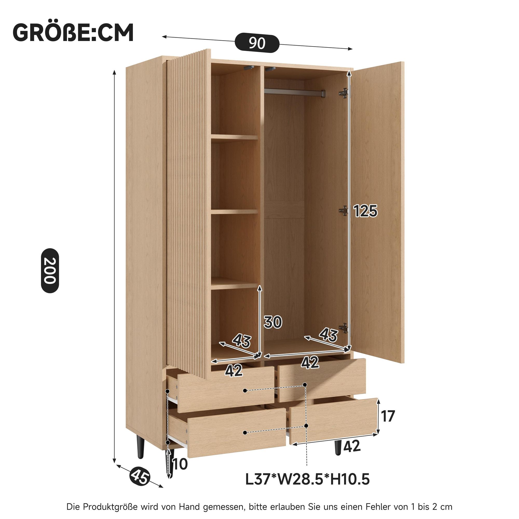 Flieks Kleiderschrank mit Kleiderstange und Türen, Garderobe mit Spiegel, Hochschrank mit Fächer und Schubladen, 90×45×200 cm, Natur, MDF+Stahl