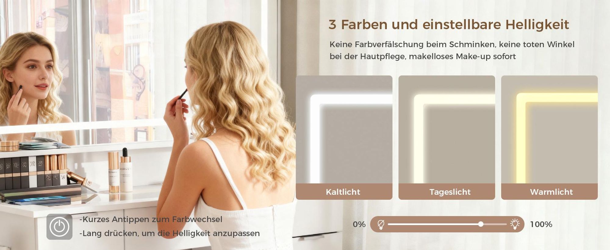 Mondeer Schminktisch mit Hocker, 3-Stufen LED-Spiegel, 11 Schubladen, Steckdosen & Glasplatte, 108x140x40cm Weiß