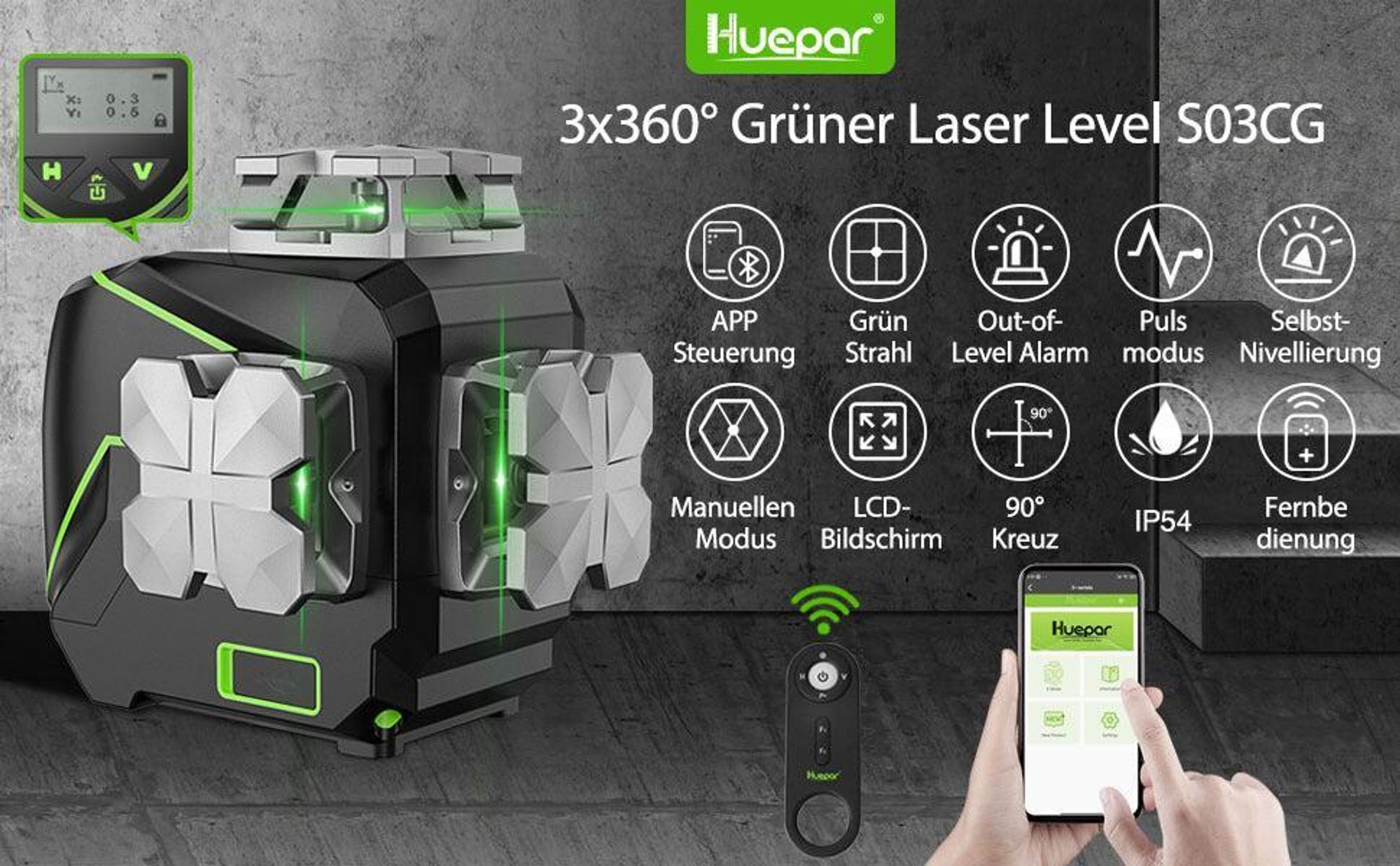 Huepar S03CG 3D Kreuzlinienlaser 3x360 Grad Grün, LCD-Display, Bluetooth, Koffer