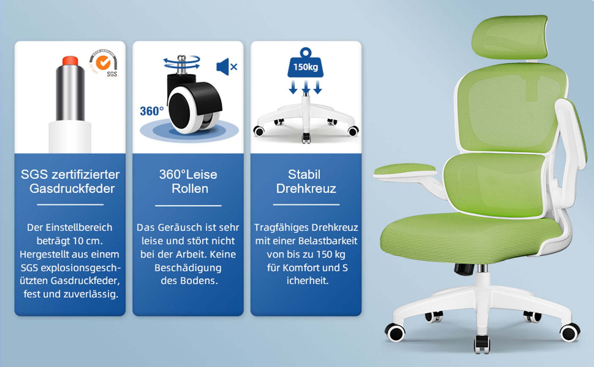 Aiibot Bürostuhl Ergonomisch Schreibtischstuhl Verstellbarer Kopfstütze Umklappbare Armlehnen Lordosenstütze Drehstuhl Chefsessel Wippfunktion 150kg