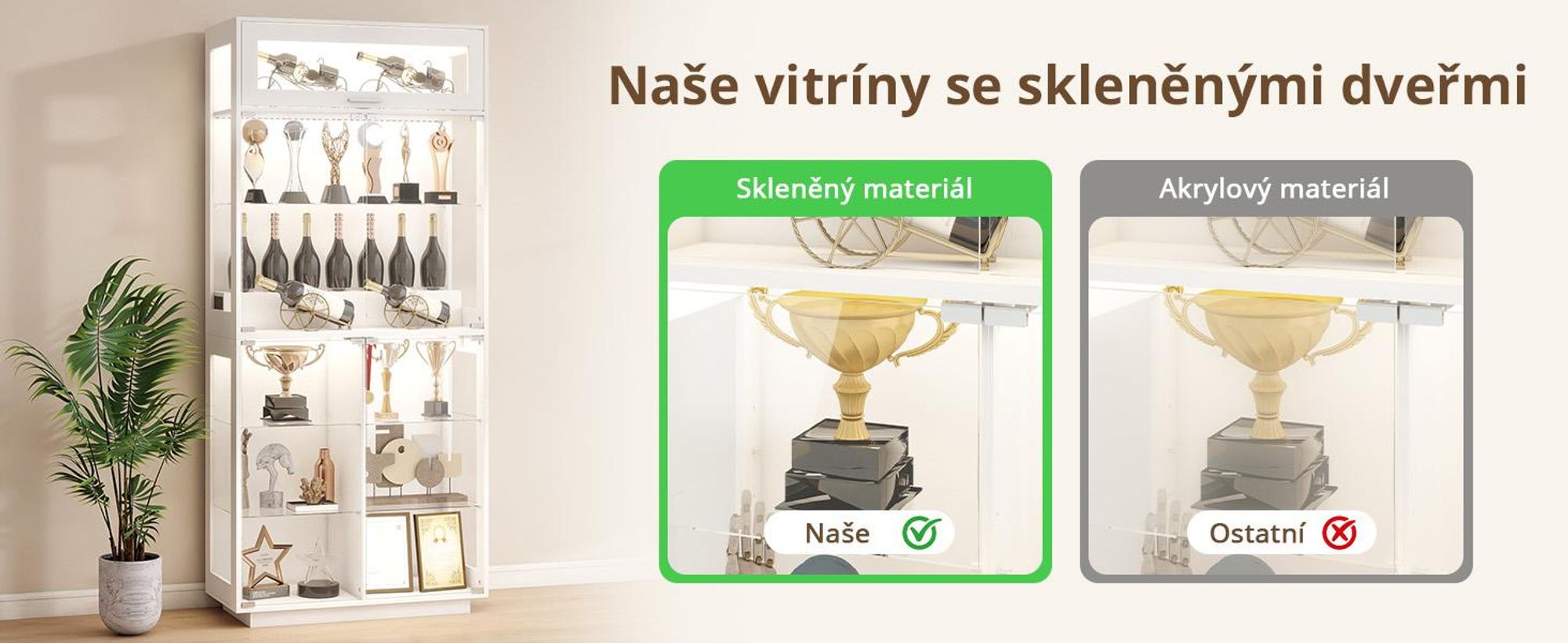 Skleněná vitrína Puluomis s osvětlením ve 3 barvách a senzorem, bezúchytková vitrínová skříň, rozměry 80 x 35 x 180 cm, vhodná pro vystavení v obývacím pokoji nebo ložnici