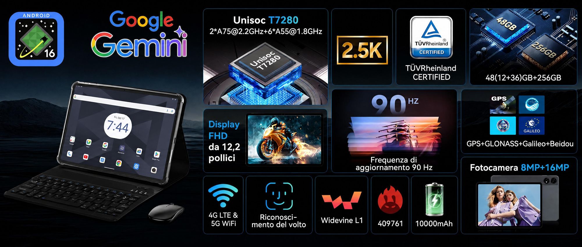 BESTTAB T60, tablet Android 16 da 12,2 pollici con 48 GB di RAM (12 + 36 GB), 256 GB/2 TB di memoria, processore Octa-Core e batteria da 10000 mAh, inclusi: penna, custodia, mouse e tastiera