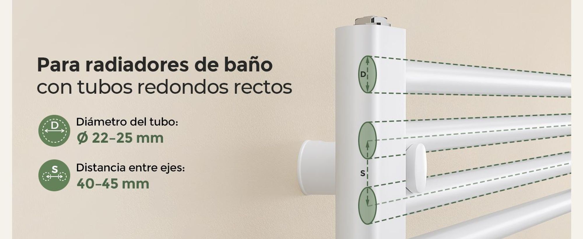 Soportes para radiador toallero, juego de 4, blancos, para tubos redondos rectos Ø22–25 mm, Distancia entre ejes 40–45 mm, ajuste de 20 mm, 1 pieza