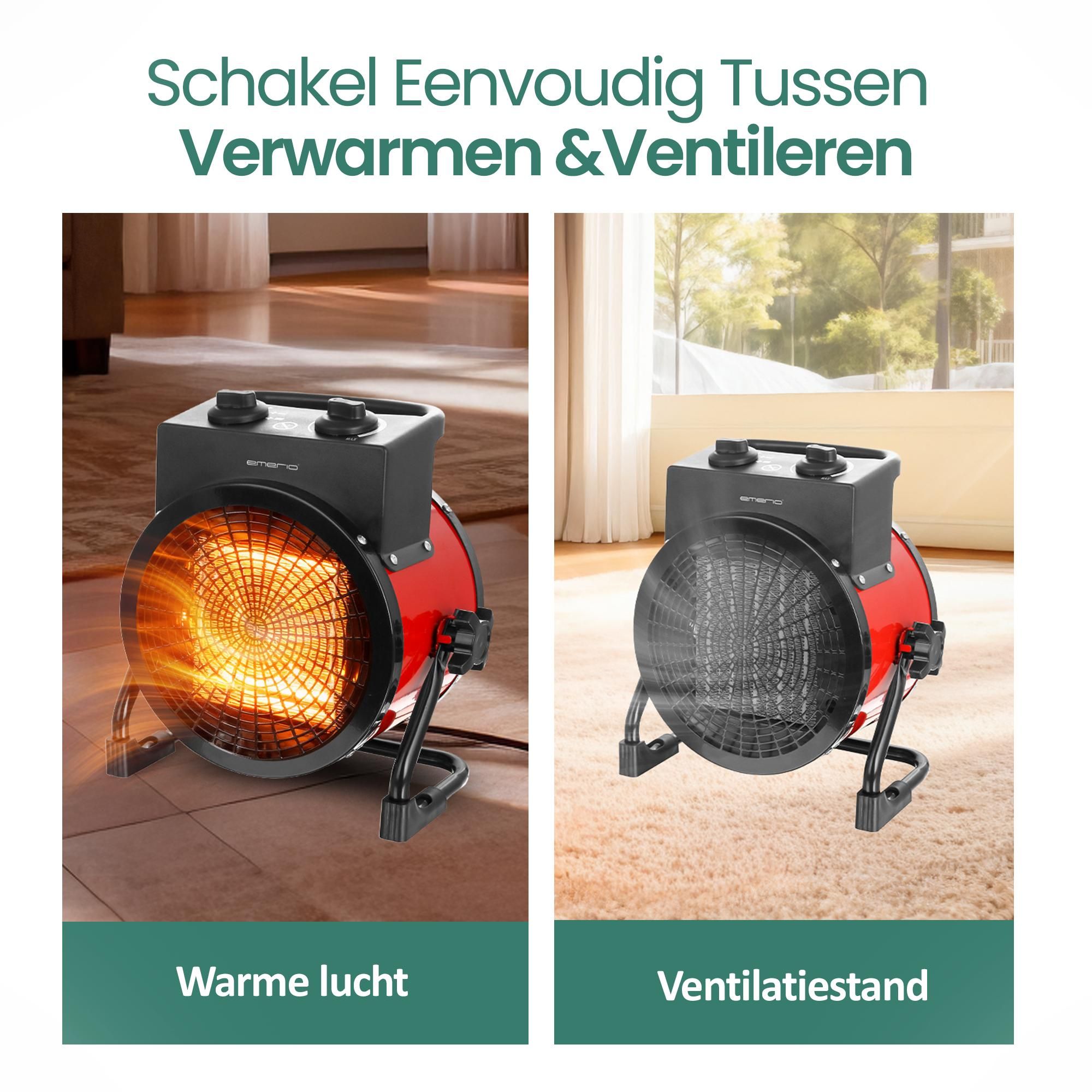 Emerio Ventilatorkachel – 30 m² – 3000 W – IP20 – 2 Standen – Instelbare Thermostaat – Ventilatiefunctie – Keramisch Verwarmingselement – FH-128620