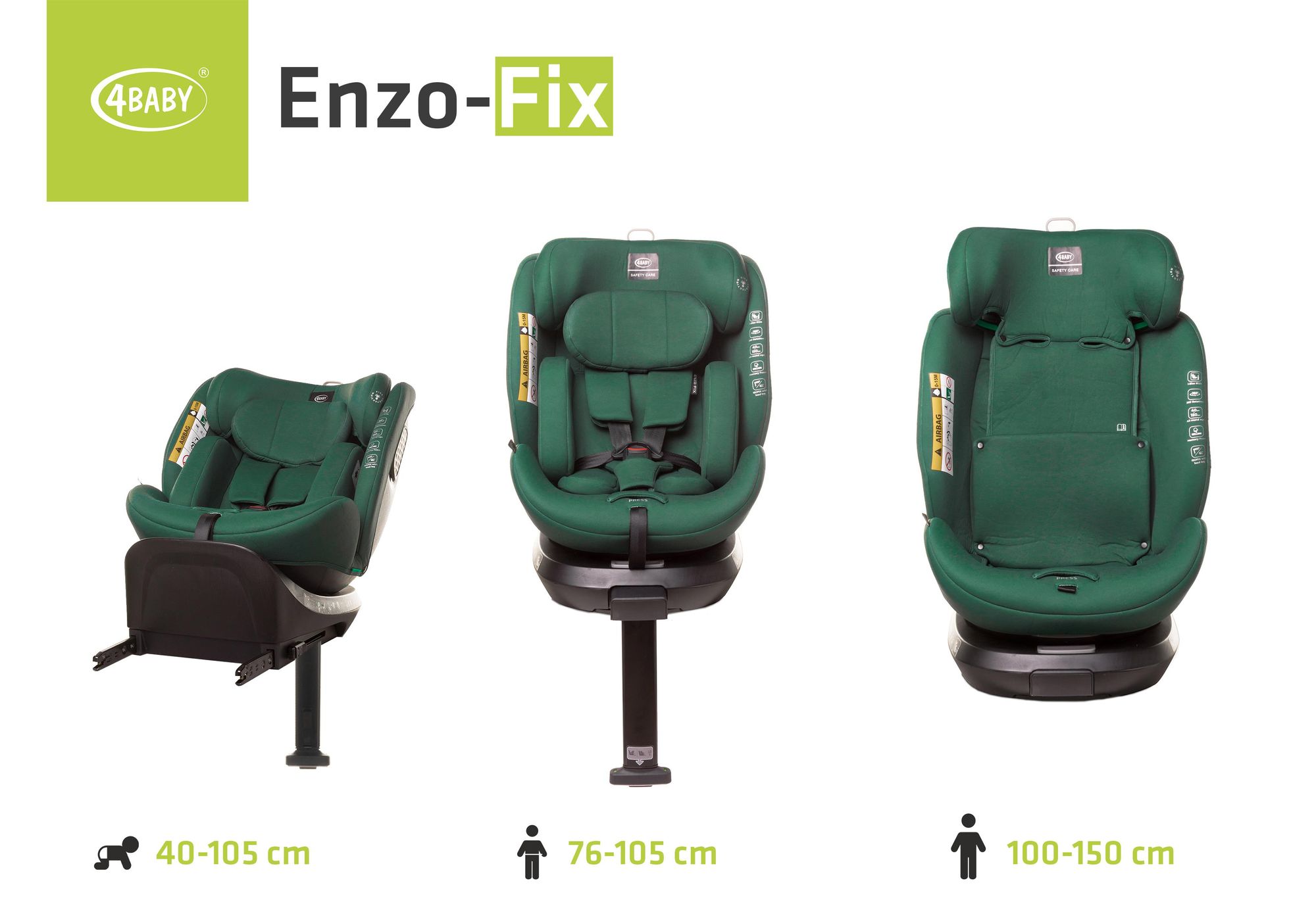 4Baby | Detská autosedačka - otočná o 360° - s ISOFIXOM, I-SIZE, 40-150 cm, dodatočná bočná ochrana, proti smeru jazdy - zelená - ENZO-FIX