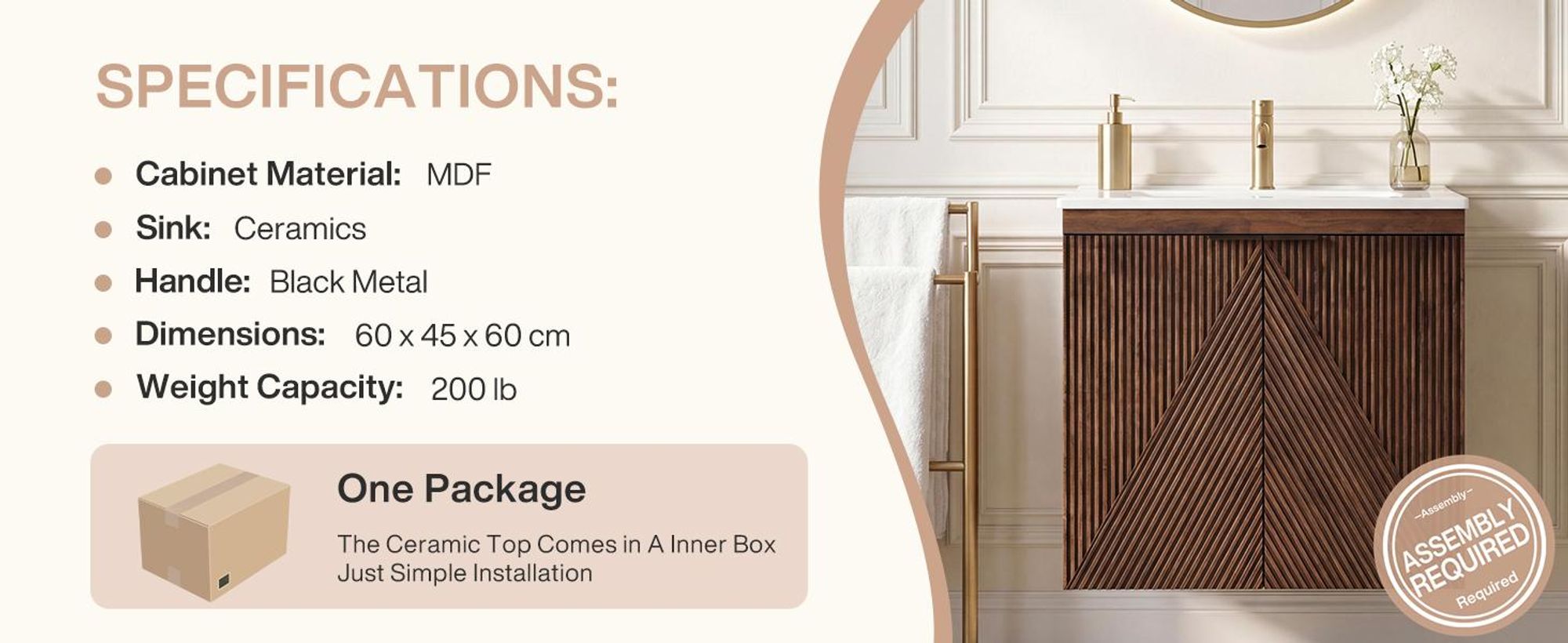 Waschtisch Schwebender Waschbeckenunterschrank mit 2 Softclose-Türen, 60 cm wandhängender mit Unterschrank, Waschtischunterschrank mit Keramikbecken