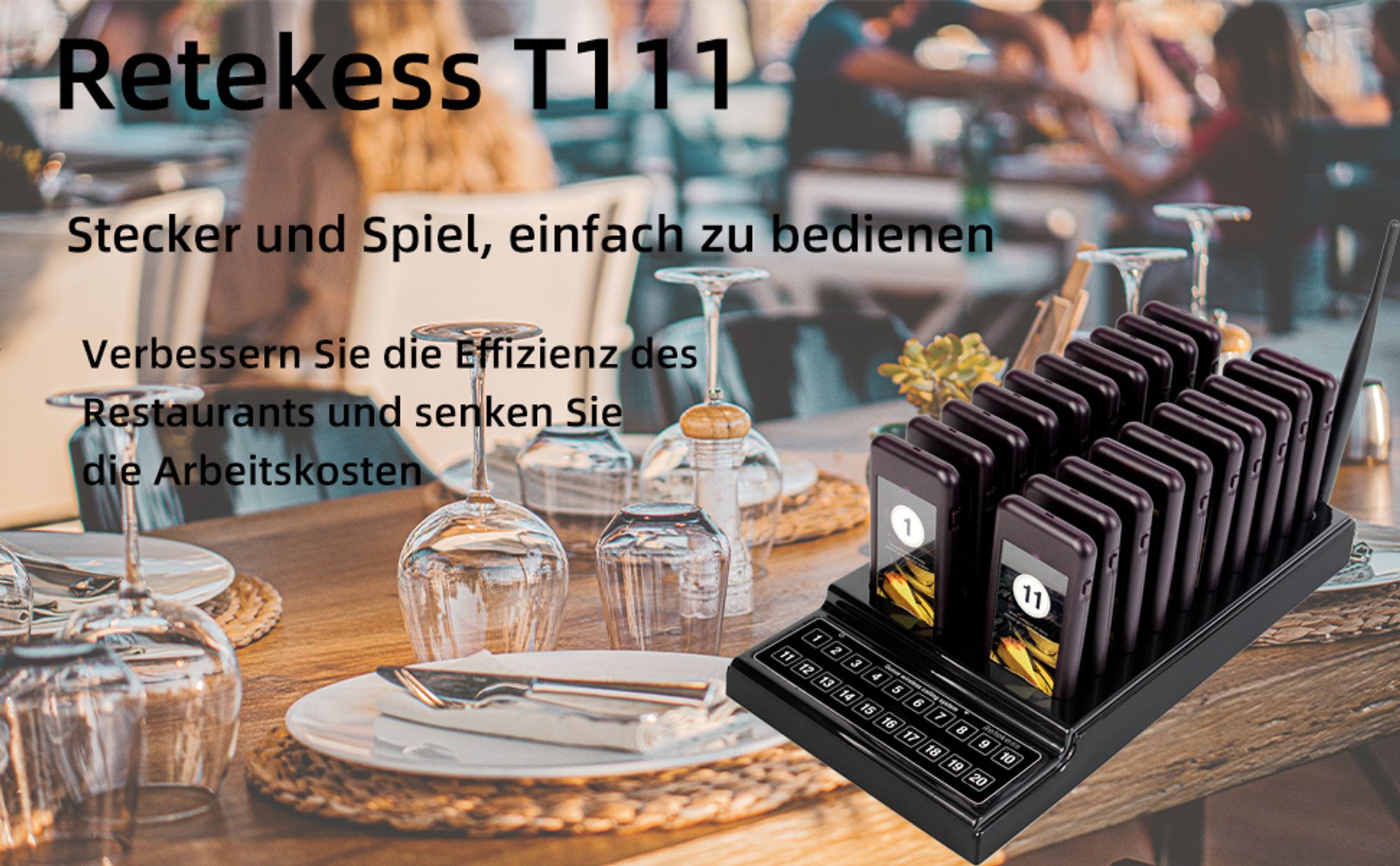 Retekess T111 Restaurant Pager System, 3 Aufforderungsmodi, Zweireihige Tastenrufe, 500 m Lange Distanz, Geeignet für Restaurants Bars Cafés Hotel (1 Tastatursender + 20 Pager)