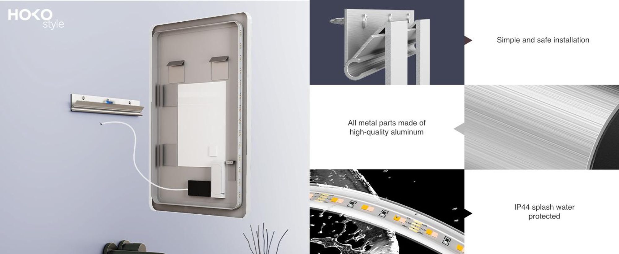 Specchio da bagno HOKO antiappannamento LED 50x70 cm con cornice di montaggio HIGH+QUER. Interruttore touch+cambio di luce bianco caldo-bianco freddo-neutro. Funzione di memoria
