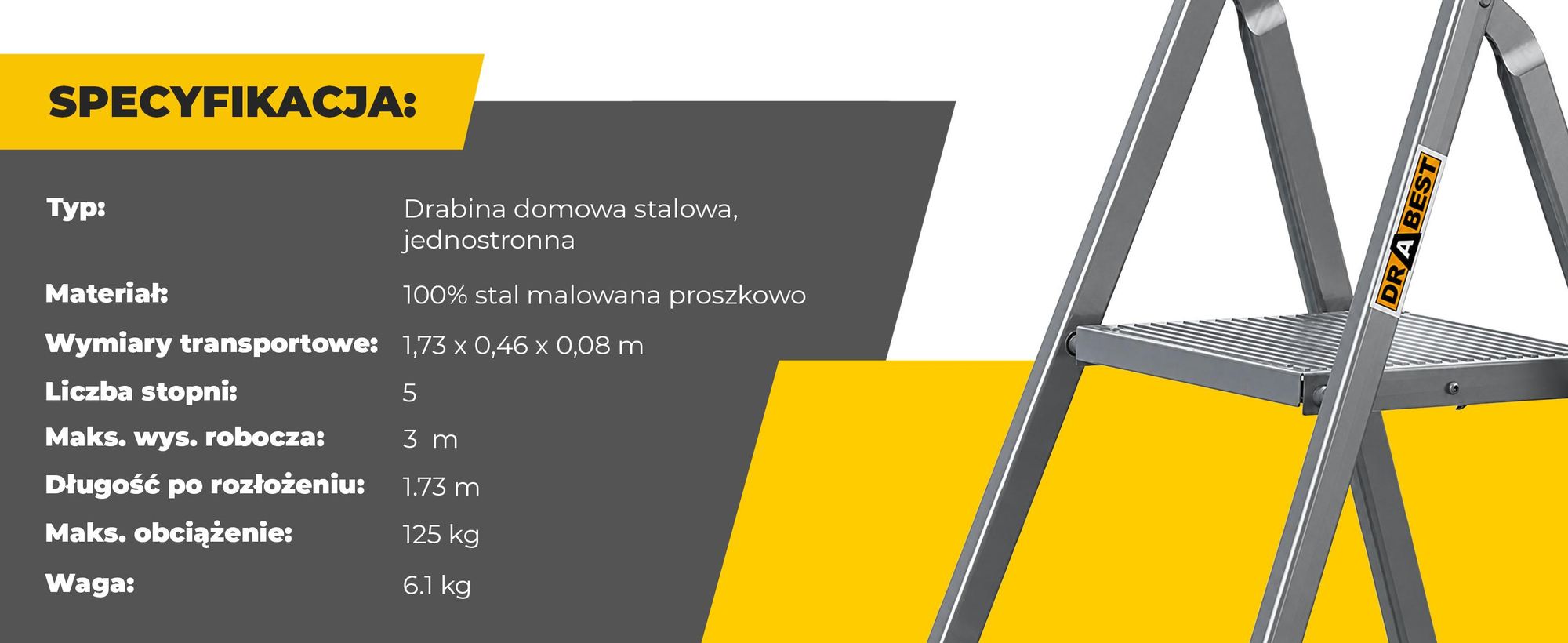 DRABEST | Drabina domowa - stalowa - 5 stopni - składany schodek - uniwersalna - do 125 kg