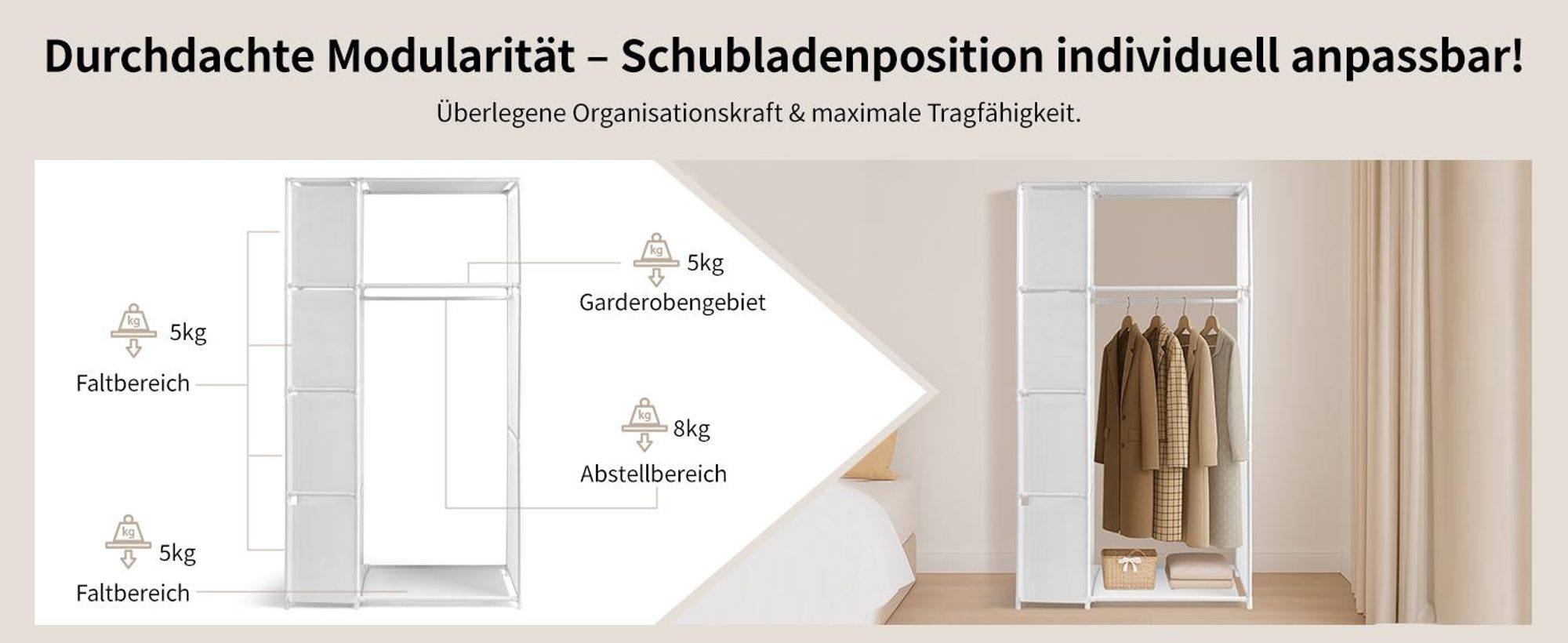FCH Stoffschrank 4-Regal Doppelreihe Kleiderschrank mit Stange, Vorhang - 88,5x44,5x162,5cm Weiß