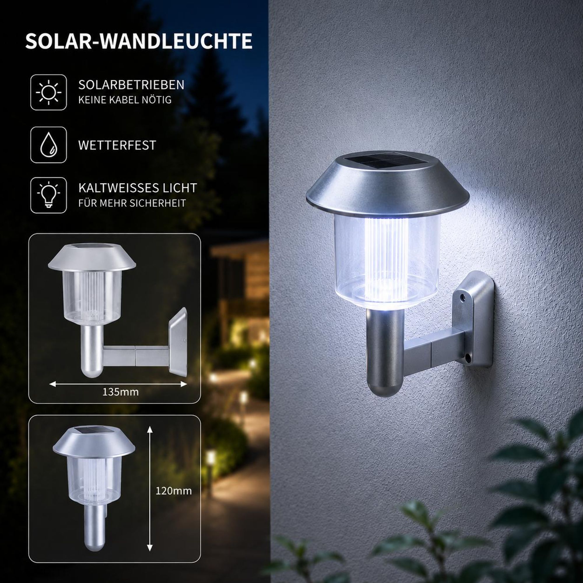 4er Set Solar-Wandleuchten LED Außen Silber – mit Akku & Ein-/Aus-Schalter – für Garten, Terrasse, Zaun, Mauer & Eingang – 13,5 x 12 cm
