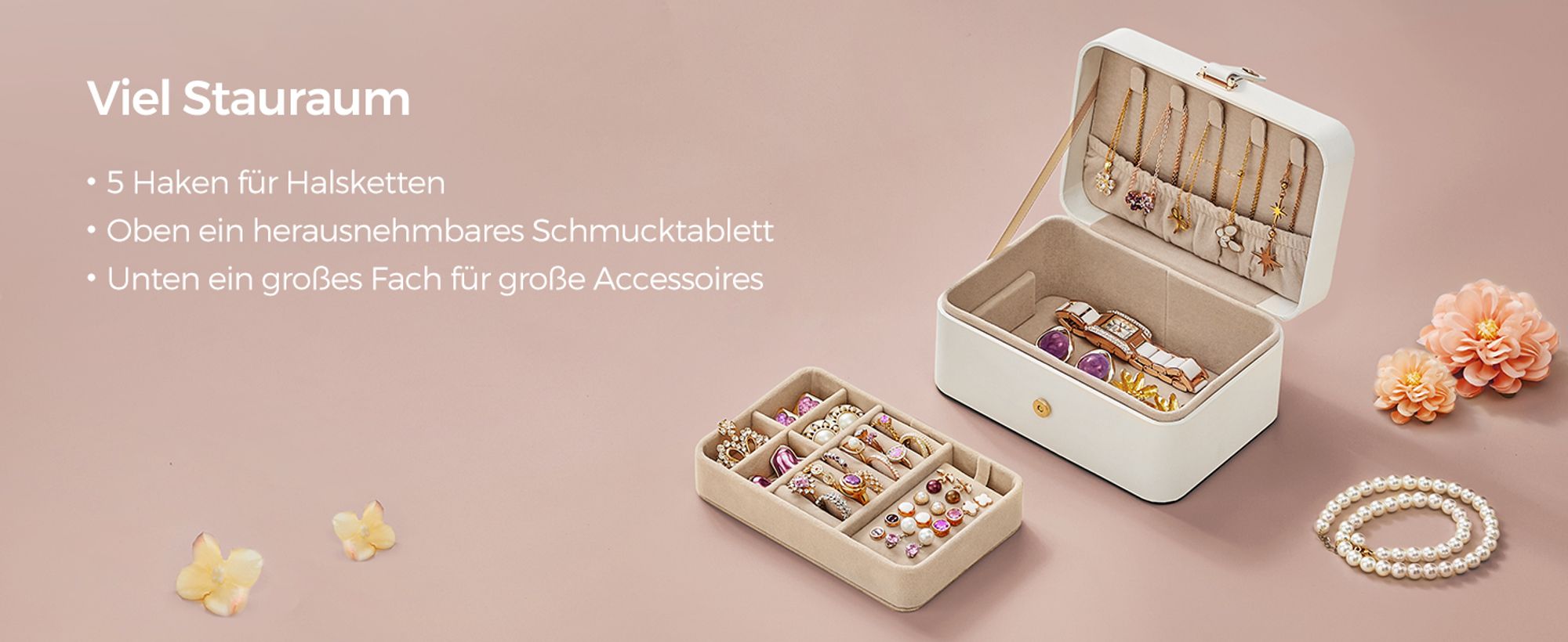 SONGMICS Schmuckkästchen Reise, Schmuckkasten klein, 2 Ebenen Schmuckaufbewahrung, tragbar, Schmuck-Reiseetui, für größere Accessoires