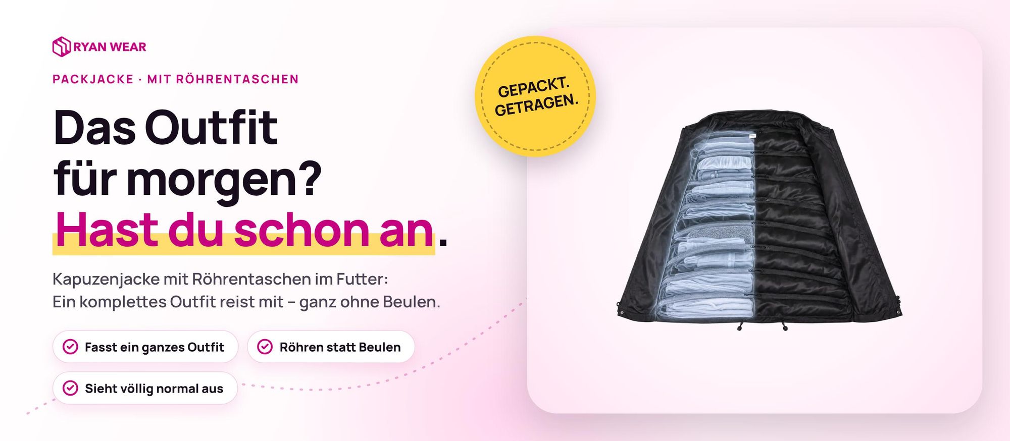 Ryanwear Packjacke: Uni-Reisejacke mit Kapuze und Röhrentaschen für Kleidung