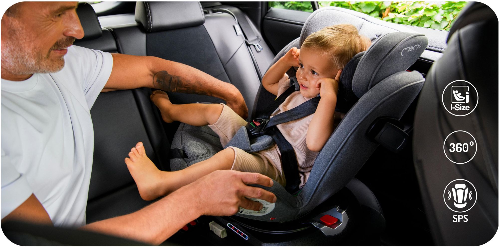 MoMi EMI – i-Size Kindersitz 40–150 cm (0–36 kg), 360° drehbar, ab Geburt rückwärts & vorwärts nutzbar, mit ISOFIX & Top Tether – Grau