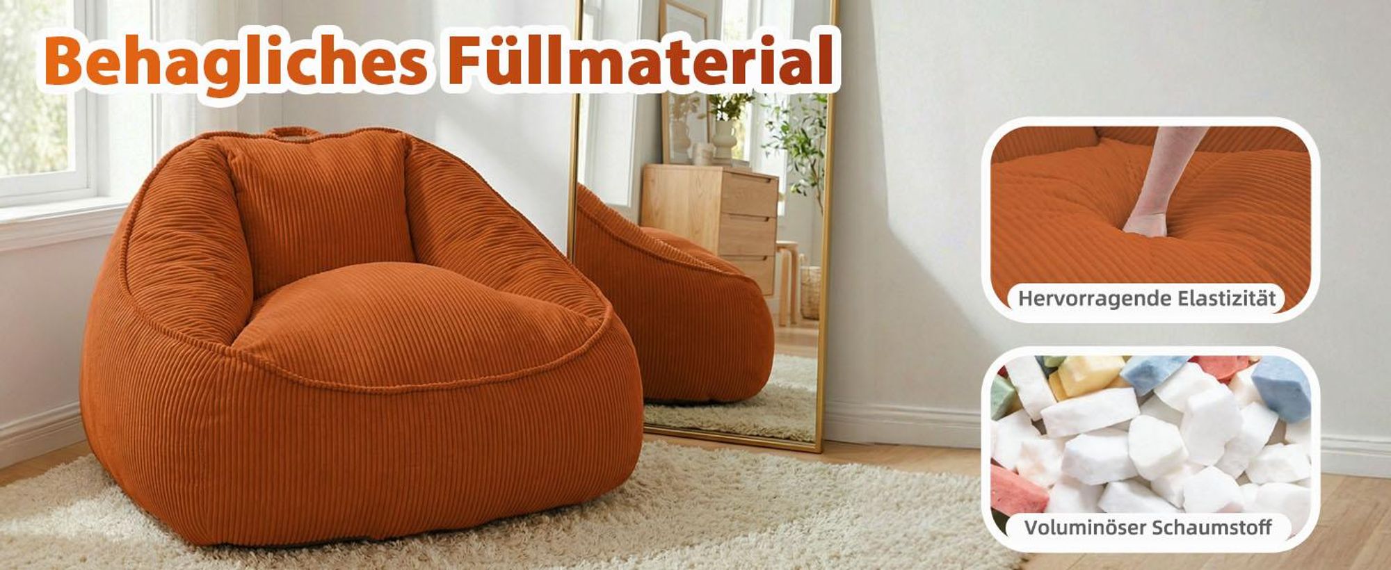 Giant Bean Bag Sitzsack für Erwachsene mit Schaumstofffüllung, rund