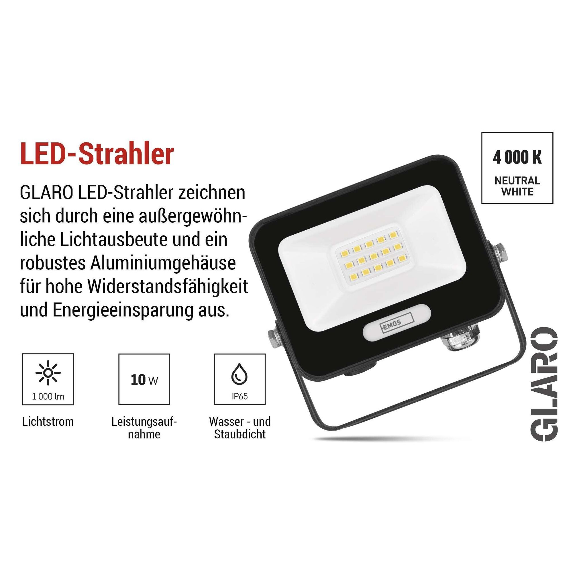 EMOS LED Aluminium-Strahler GLARO 10W, IP65 Wasserdicht für Feuchtraum/Außen, superhell 1000lm, Neutralweiß 4000K, 20cm Gummi-Kabel, schwarz, ZS2214B