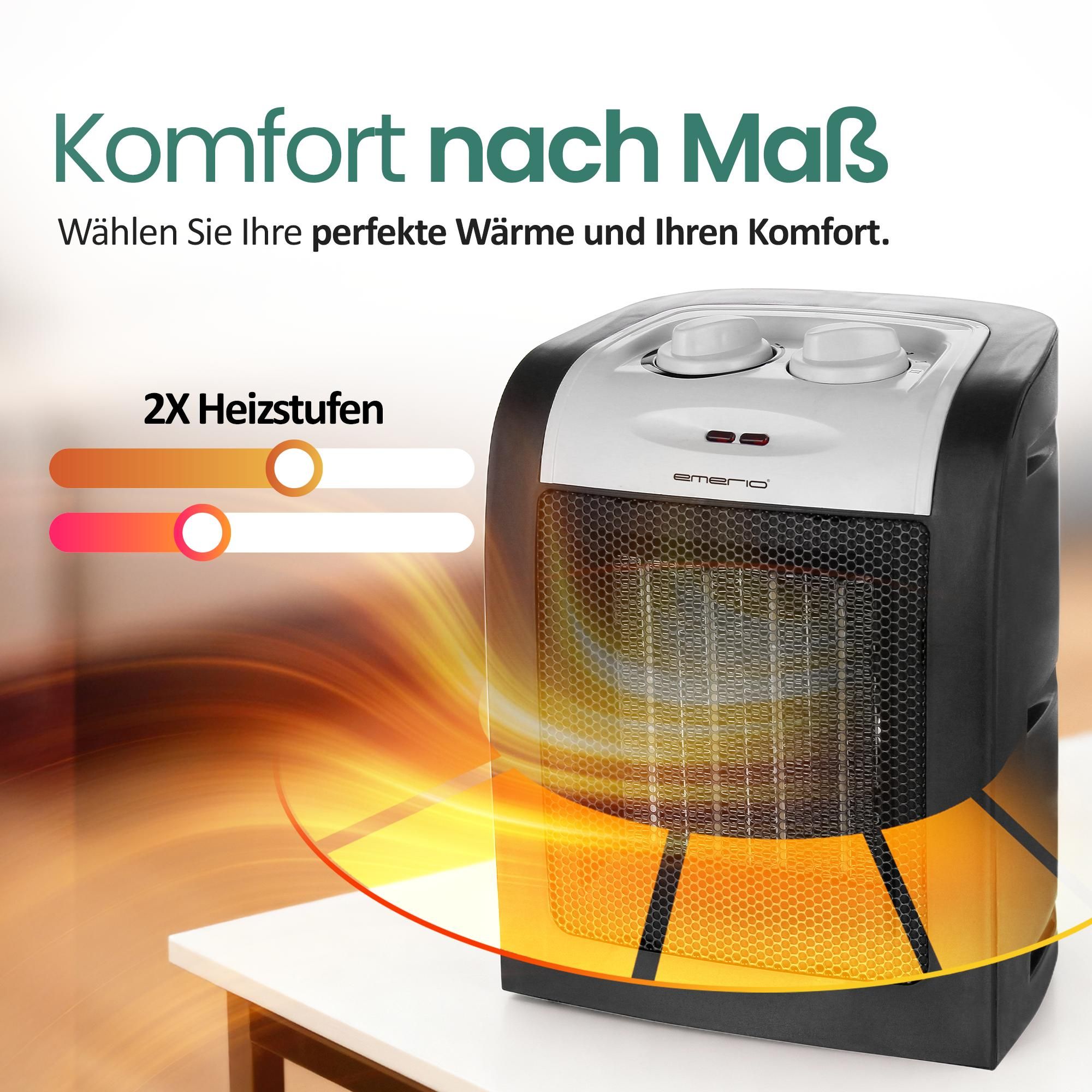 Emerio PTC-Heizlüfter FH-106145 – 20m² – 2 Heizstufen – einstellbarer Thermostat – Kontrollleuchte – Ventilationsfunktion – Kippschutz – 1800W