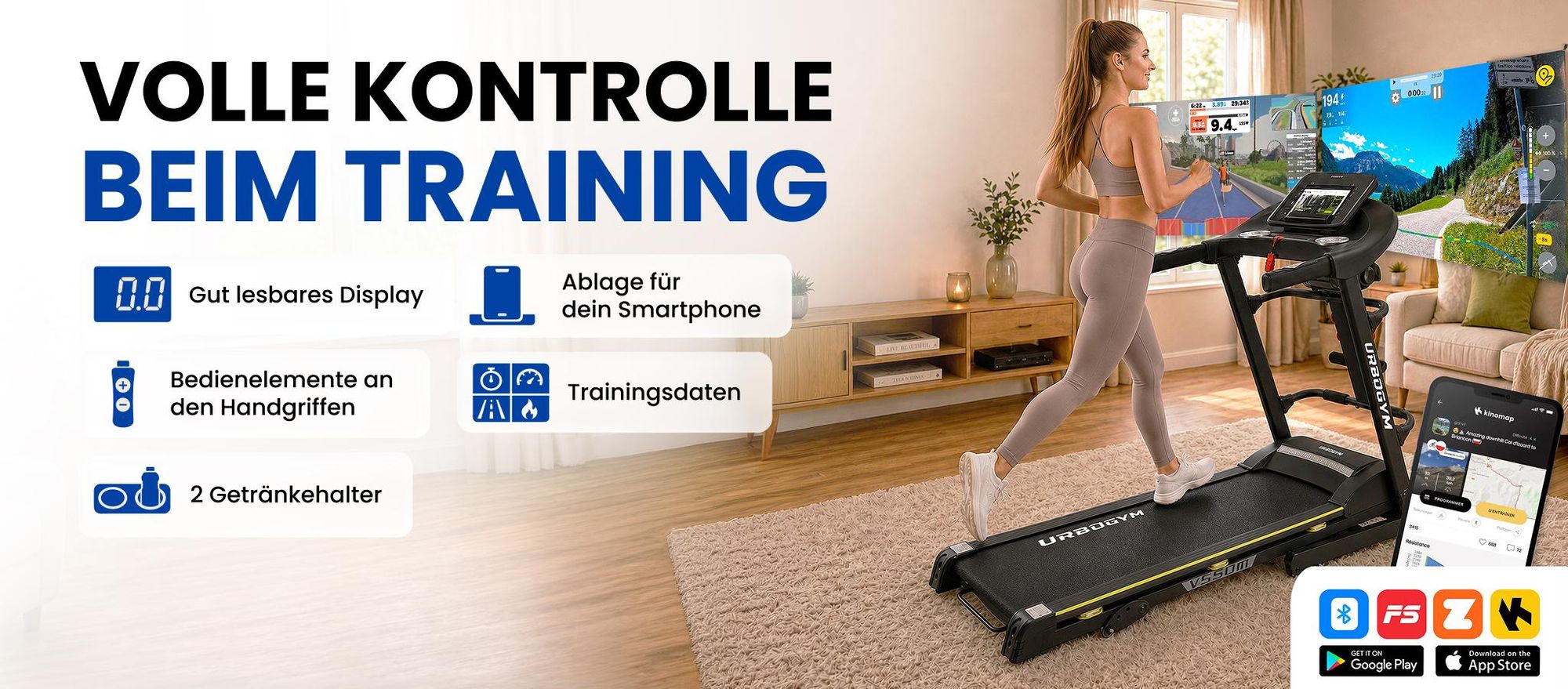 URBOGYM V550M elektrisches Laufband mit Massagegurt, Bauchtrainer, 15 km/h, 130 kg, 12 Programme, FITSHOW-App, klappbar