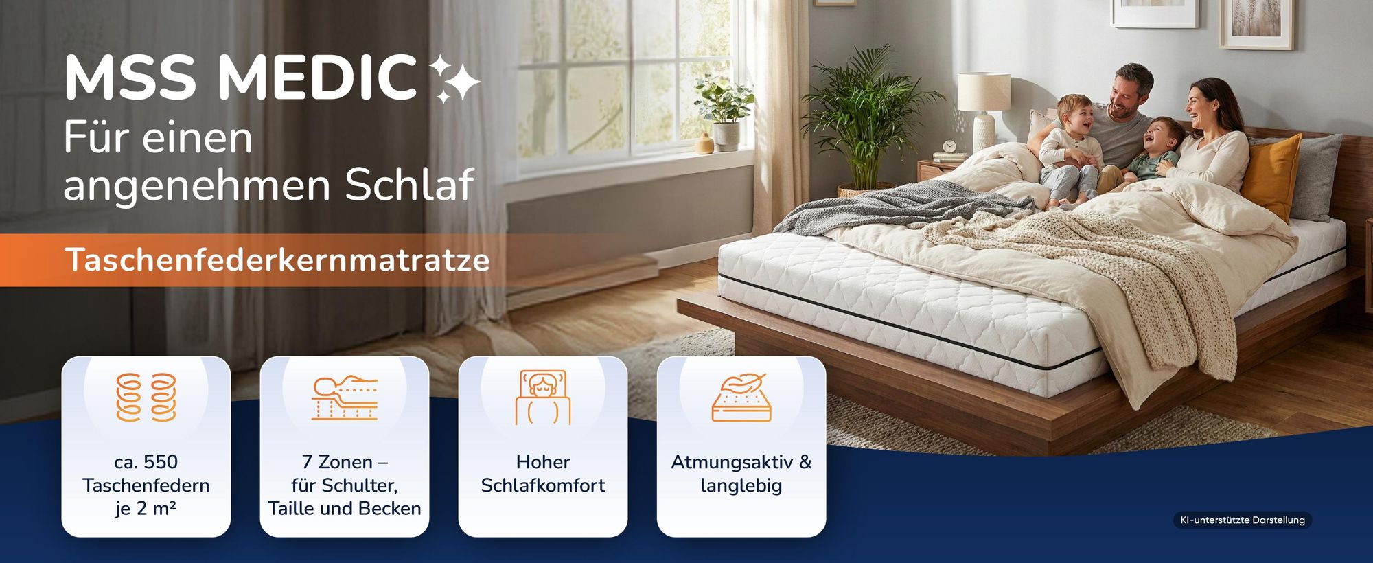 Familie auf einem Bett mit der Matratze, daneben vier Produktmerkmale