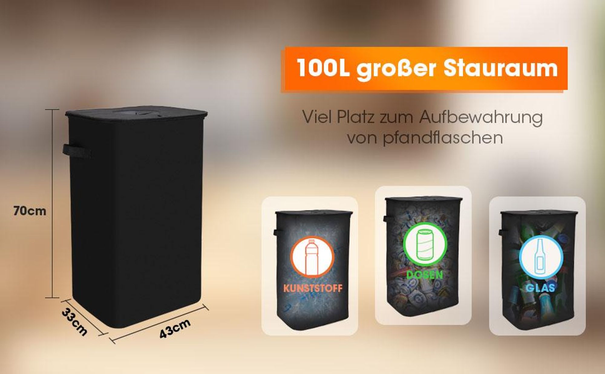 Pfandflaschen Sammelbehälter mit Deckel, 100L Groß Pfandflaschen Aufbewahrung, mit 2 Tragetasche, für Pfandflaschen Aufbewahrung & Leergut