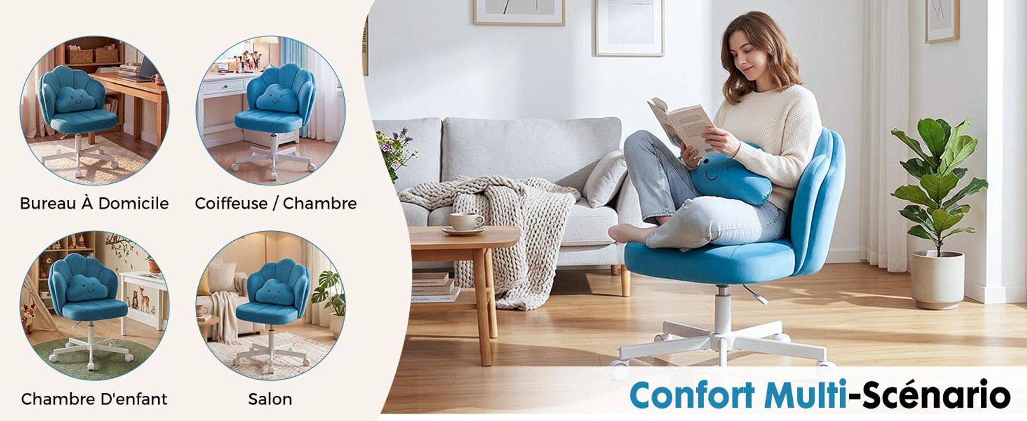 Chaise de bureau COMHOMA, chaise de maquillage, chaise de bureau à roulettes avec double dossier et coussin moelleux, chaise pivotante réglable en hauteur, velours, bleu