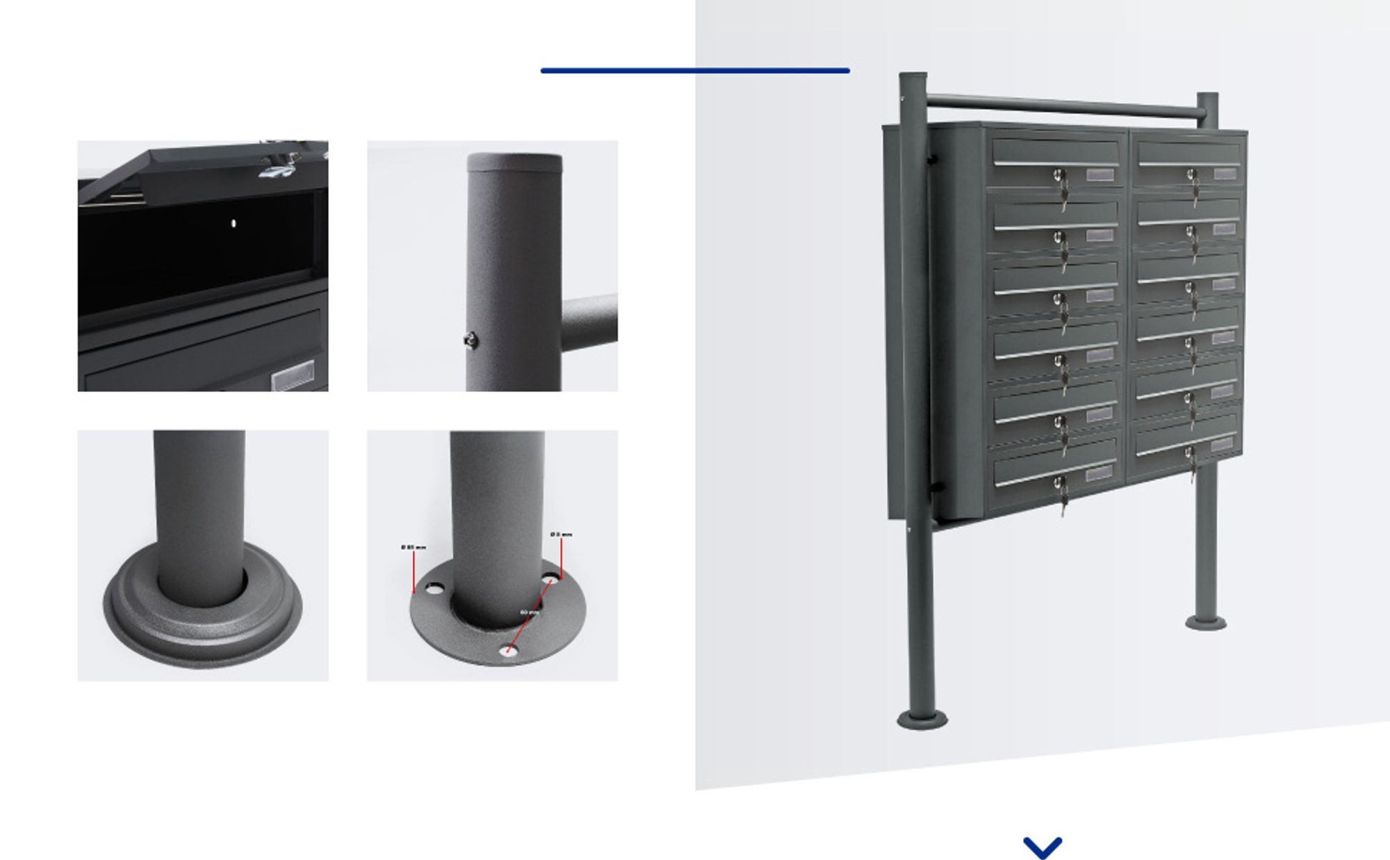 Wiltec 12er Briefkastenanlage Anthrazit 945 x 270 x 1500 mm, Standbriefkasten mit 2x6 Fächern, Schlüssel und Namensschild, Briefkasten Postkasten mit Ständer