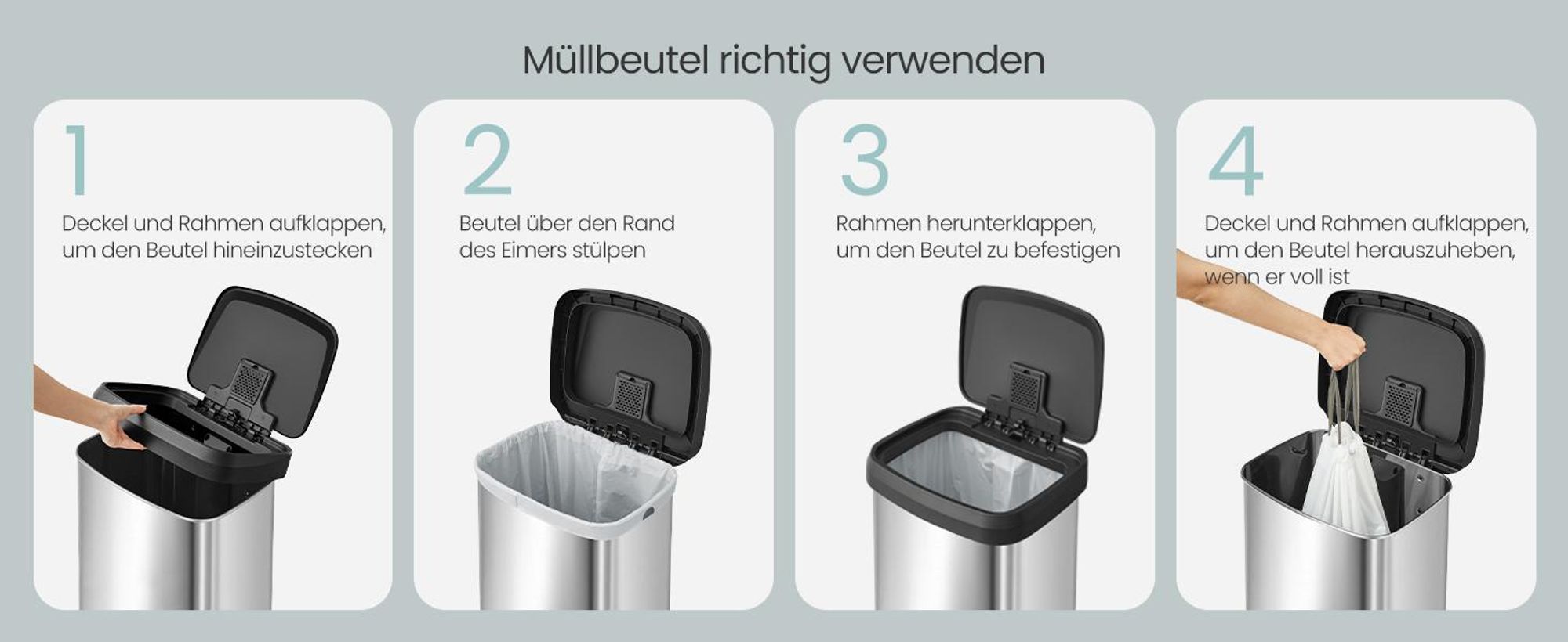 SONGMICS Mülleimer Küche 68 Liter Abfalleimer Tretmülleimer aus Metall Deckel silbern