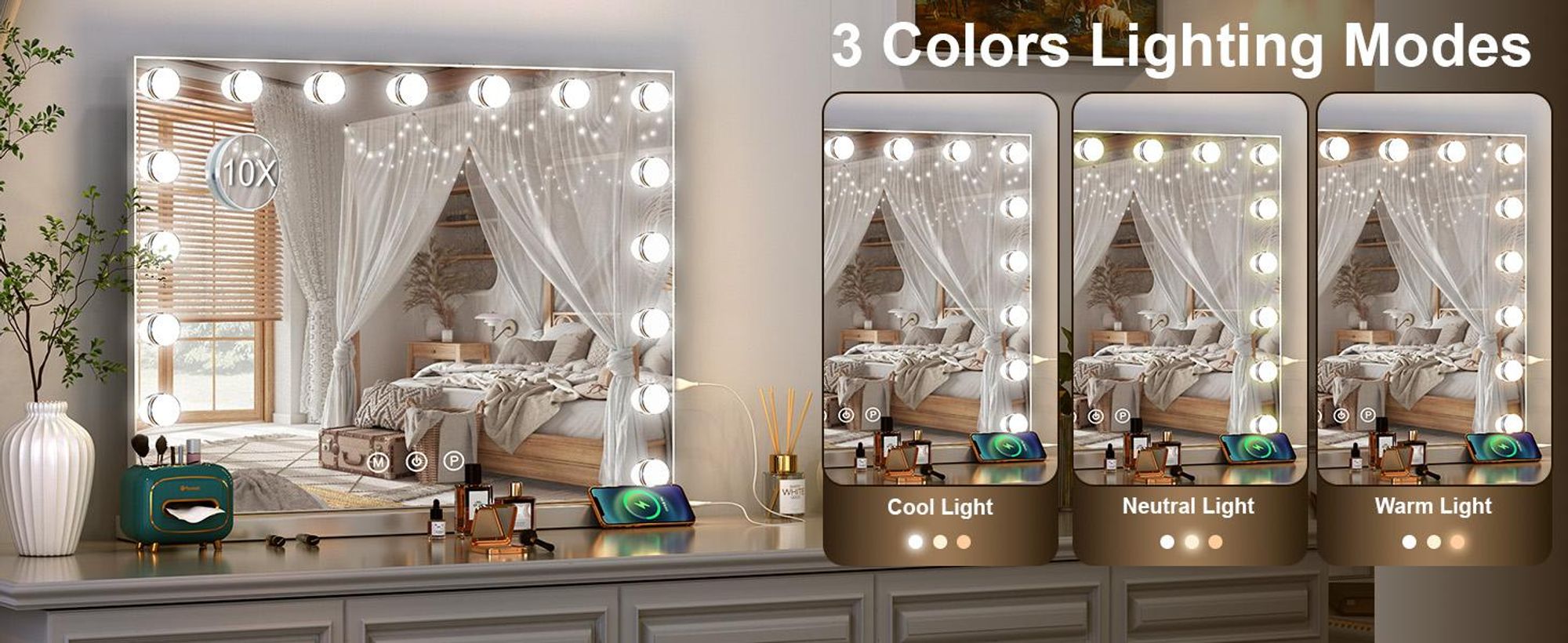 Schminkspiegel mit Beleuchtung, Hollywood-Spiegel mit 18 Lampen, 3 Lichtfarben, Kosmetikspiegel mit USB und 10x Lupe, Wand- und Tischspiegel