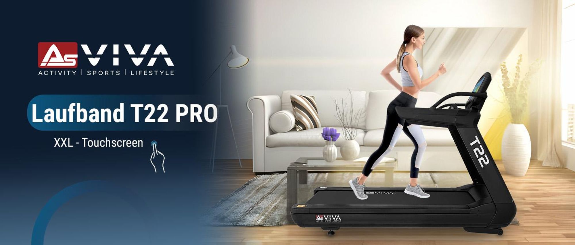AsVIVA T22 Studio Pro Laufband, 23,5" Touchscreen, 9 PS Motor, 21% Steigung, 8-Zonen Dämpfung