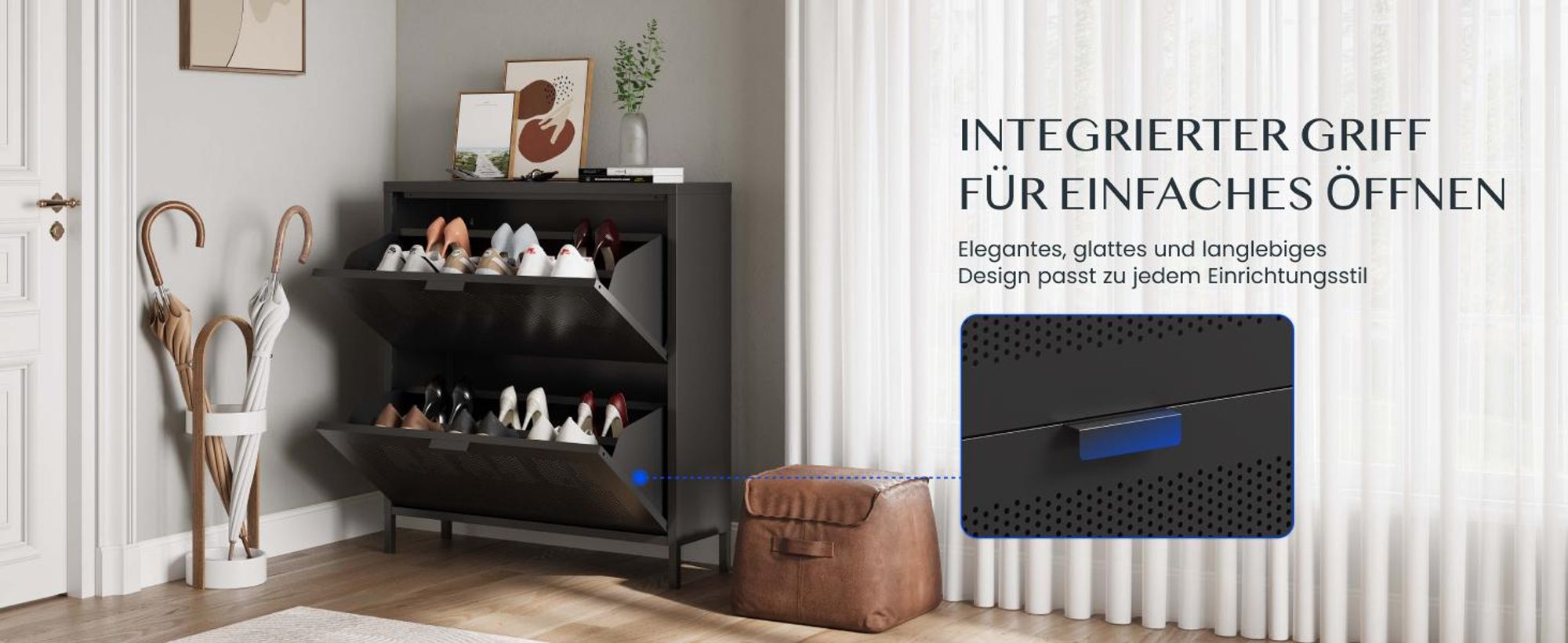 FLEXISPOT Schuhschrank Metall mit 2 Klappen, platzsparender Schuhkipper mit Belüftungslöchern, stabile Stahlkonstruktion, Schwarz
