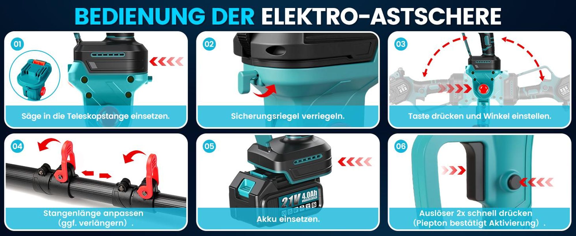 Akku Hochentaster 4-in-1 Bürstenloser Elektro Teleskop Hochentaster Astsäge Gartenschere mit 2× Akku, 2m Stangenlänge, Kompakte Hochentaster zum Baum