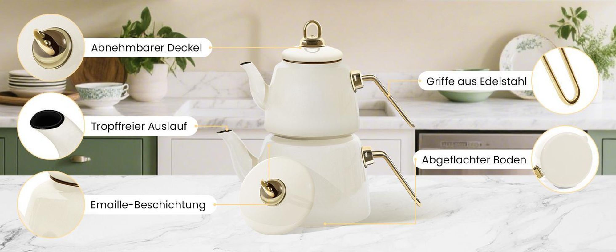 Homelux Teekanne Set, Wasserkessel Induktion Teekocher aus Emaille, Induktionsgeeignet, 2L+1L, Türkische teekanne, Caydanlik,Weiß