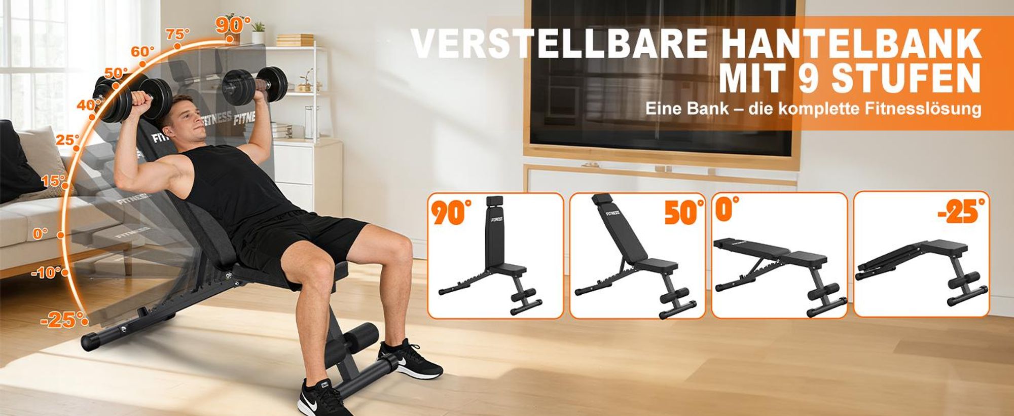 VOWVIT Hantelbank 10 Lehnpositionen (90°–205°), klappbar, mit verlängerter Kopfstütze