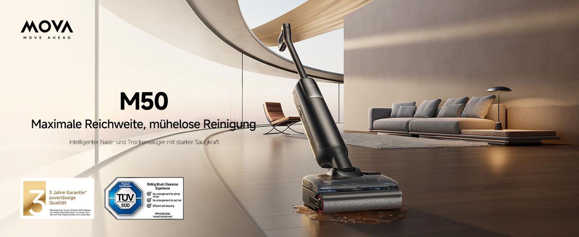 MOVA M50 Nass- & Trockensauger – 22.000 Pa, 450W, 46 min Laufzeit, Auto-Schmutzerkennung, 85 °C Selbstreinigung, 610 g Handgriff