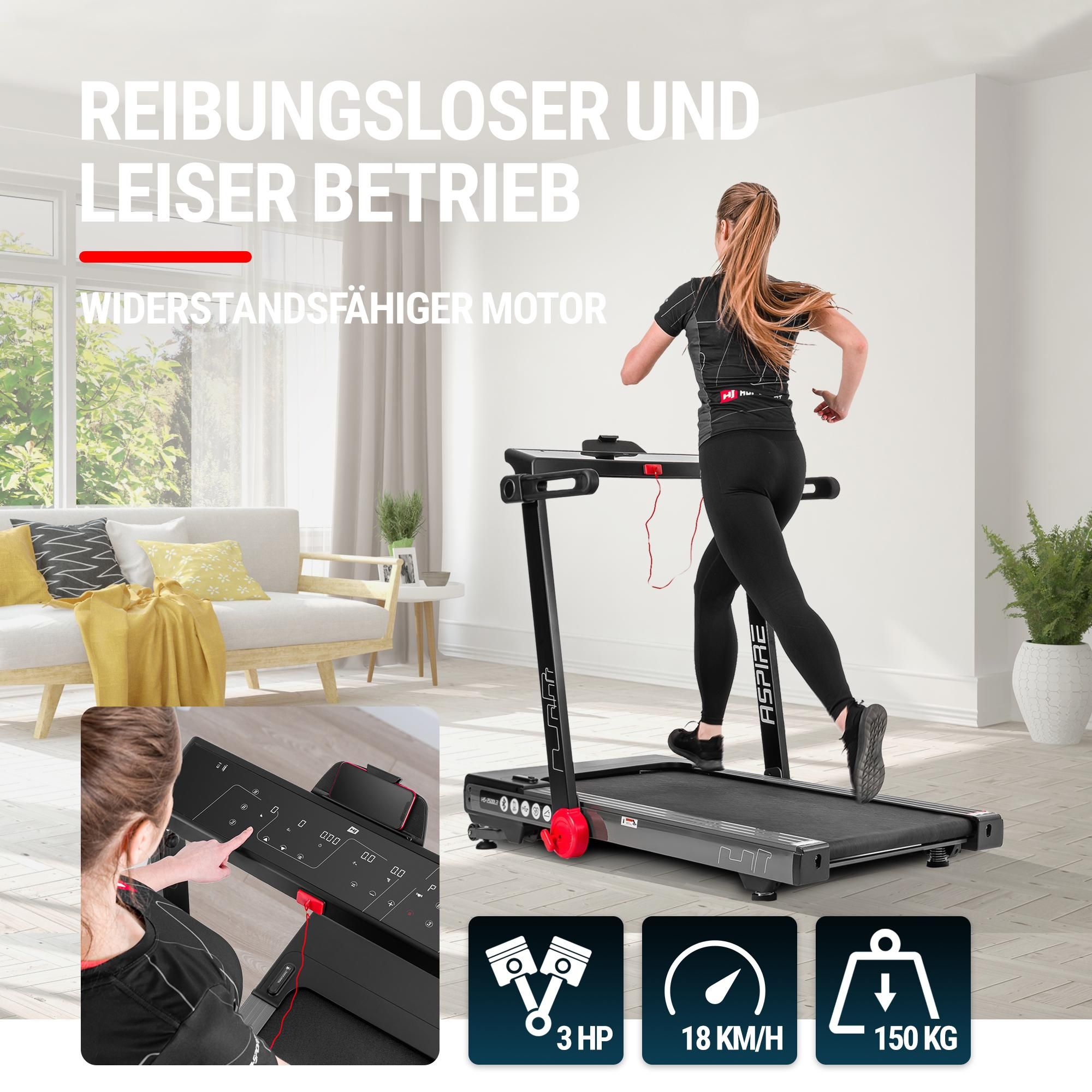 Hop-Sport Laufband für Zuhause Aspire HS-2500LB - elektrisches Laufband mit USB- und Bluetooth, bis 18km/h, bis 150 kg belastbar, Motor 3,0 HP