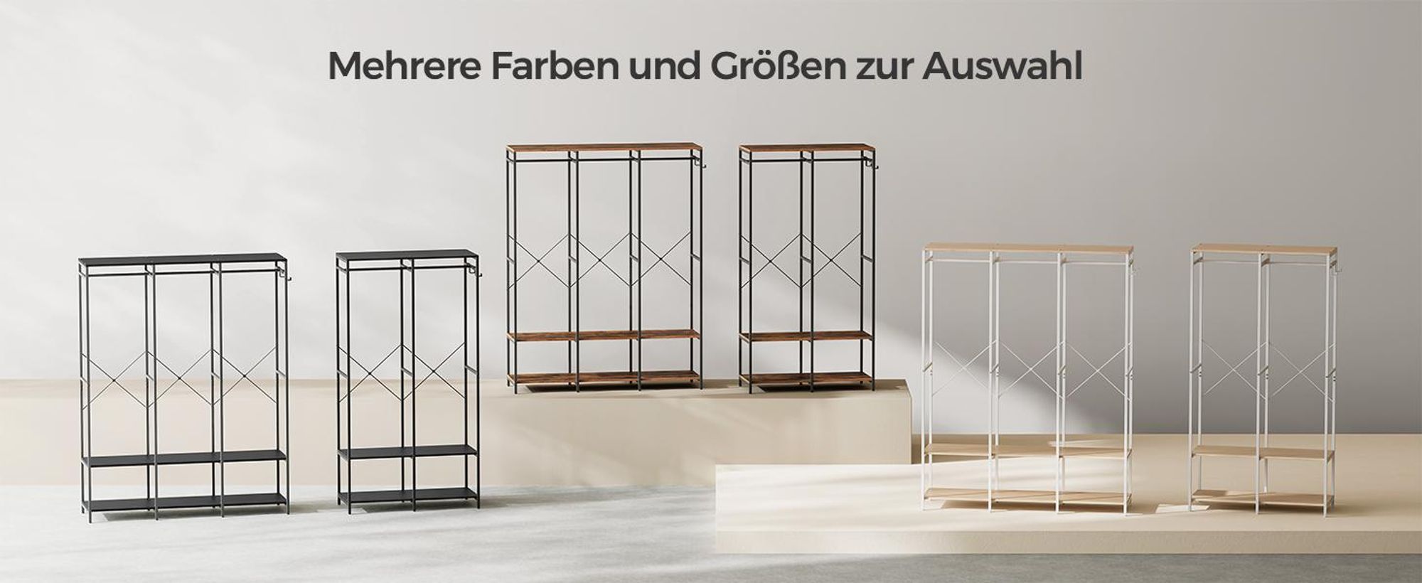SONGMICS Kleiderschrank offen, Garderobenständer mit Kleiderstange, Ablagen, abnehmbare Haken, 40 x 94,5 x 180 cm, Naturbeige