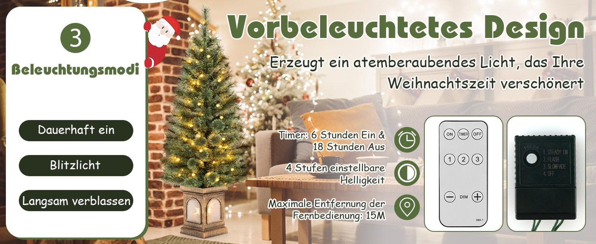 COSTWAY 120 cm künstlicher Weihnachtsbaum mit Beleuchtung, Tannenbaum im Topf, mit warmweißen LED-Lichtern & Timer & 116 PVC Zweigspitzen, Topfbaum für Eingang Haus Büro, Grün