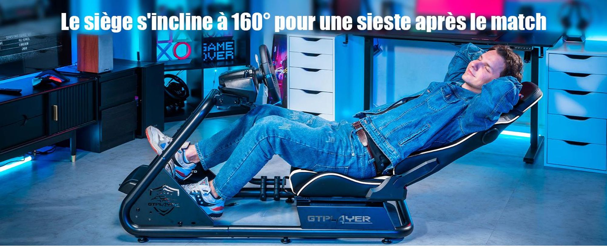 GTPLAYER simulateur de cockpit, SIM racing cockpit, simulateur de course support de volant fauteuil gaming racing wheel stand avec haut-parleur bluetooth et repose pédale