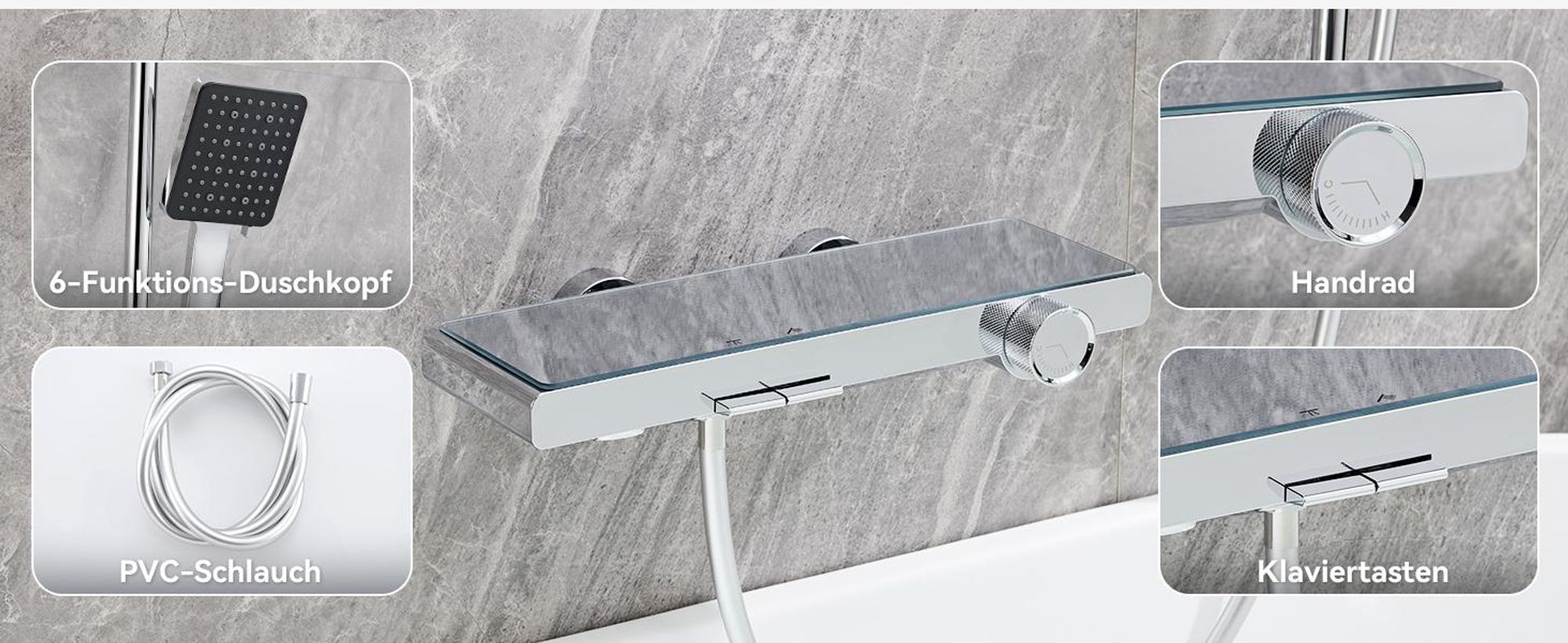AURALUM Schwarzes Badewannenarmaturen-Set, Duschstange mit Duschkopf, Handbrause- und Duschstangen-Set, zwei Wasserstrahlmodi, Hochwertiges PPA
