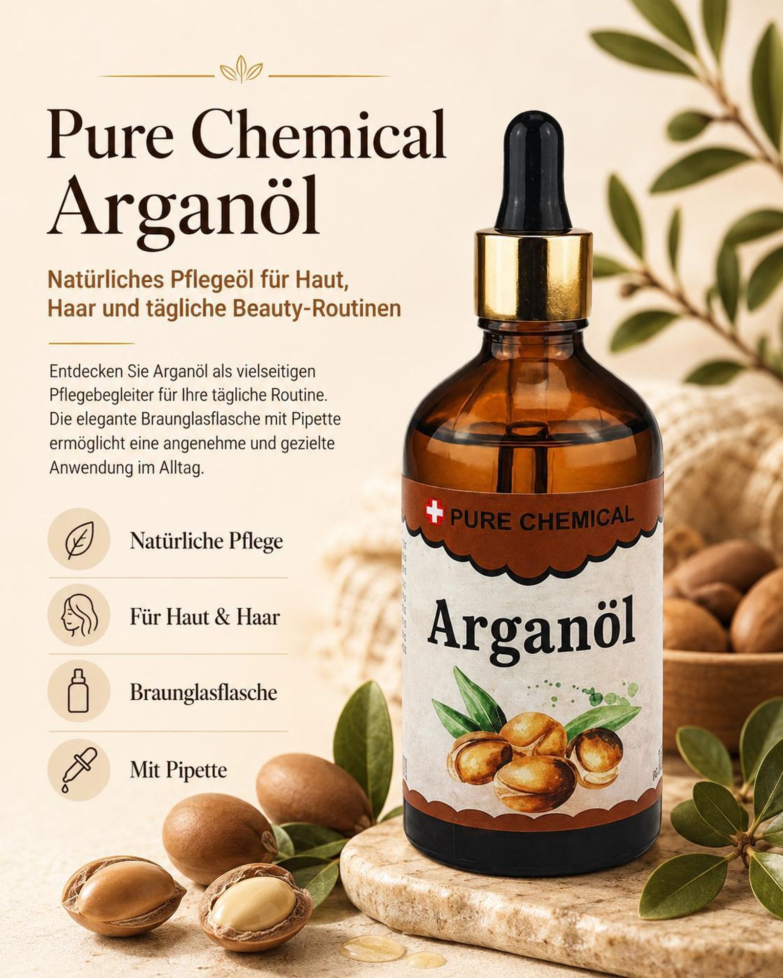 PURE CHEMICAL | Arganöl | Haaröl | Hautöl | Kaltgepresst | 100 ml