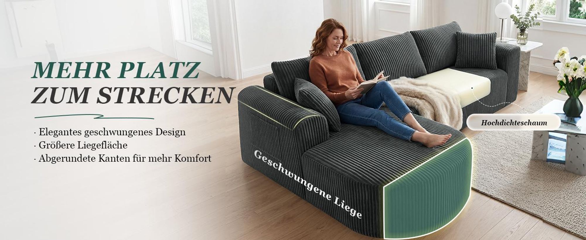 Sofa Ecksofa mit Schlaffunktion, Corduroy Modulares Boneless Couch mit Chaiselongue, L-Form Schlafsofa, Sektionssofas mit Kissen & Seitentaschen 243cm