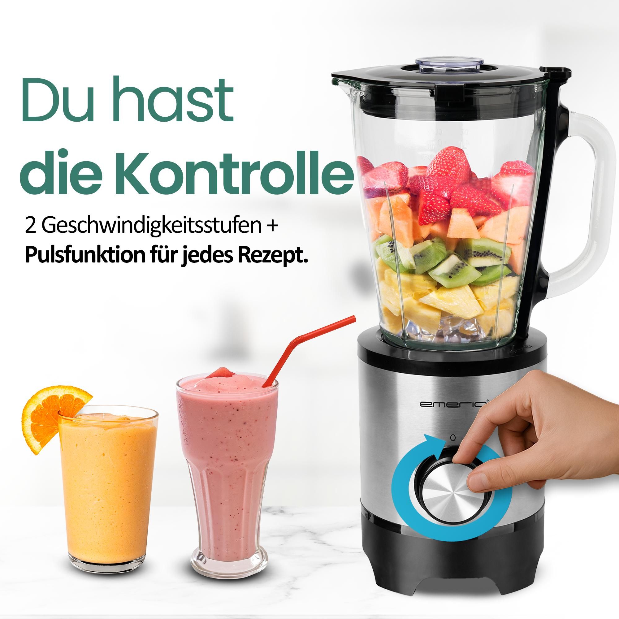 Emerio Edelstahl-Blender – 1,5 L Fassungsvermögen – Smoothie-Maker mit Glaskanne – 500 W – BL-130988 – Schwarz / Silber