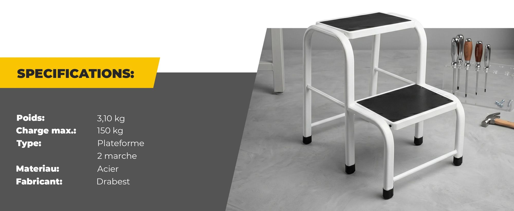 Drabest | Tabouret en acier - 2 marches - Stable et robuste - Pieds antidérapants - Capacité de charge : 150 kg - Pour la maison, le bureau et les travaux de bricolage
