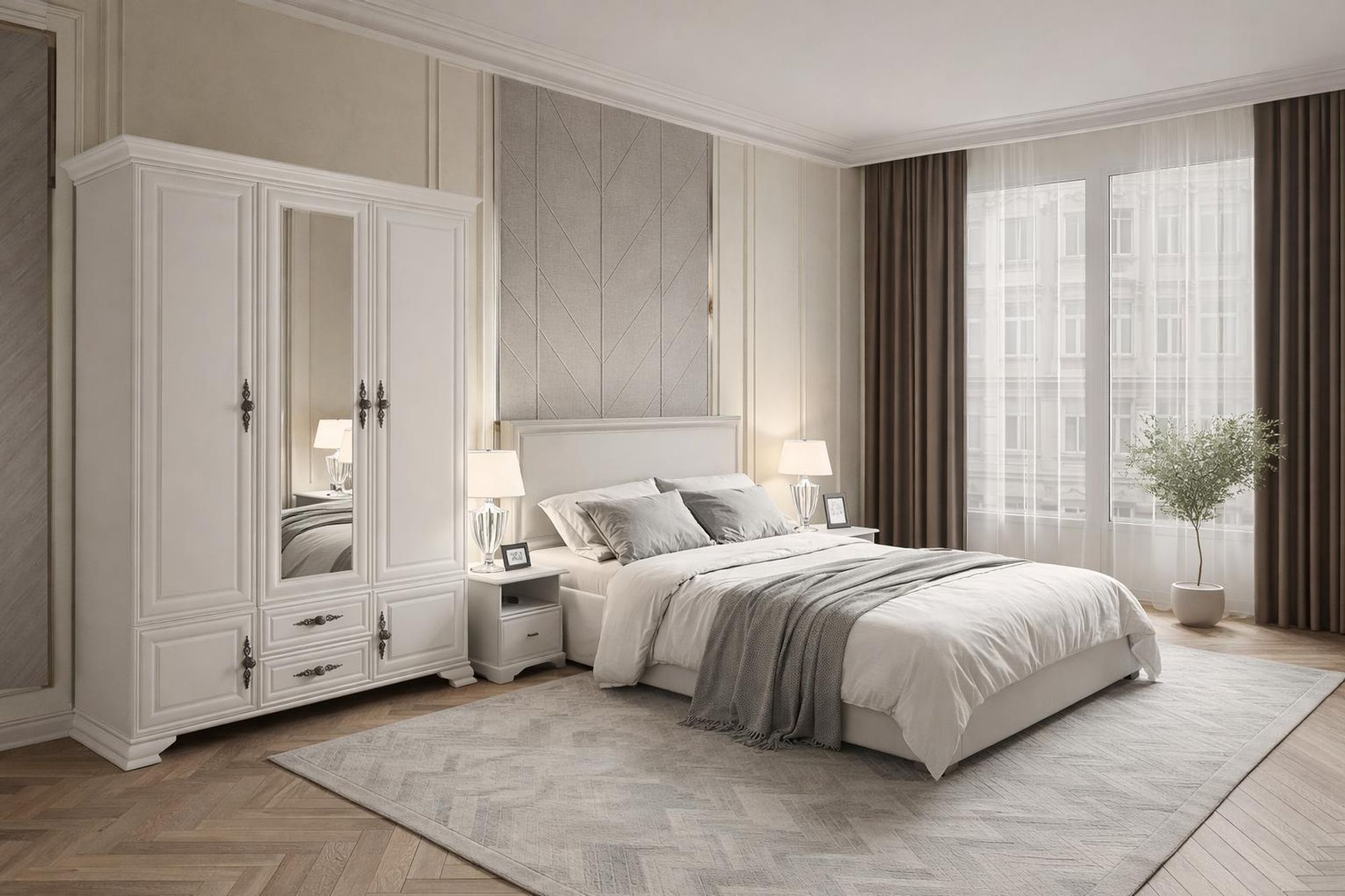 Kleiderschrank weiß 160x225x61 cm 5 Türen 2 Schubladen mit Spiegel Kleiderstange Garderobenschrank für Schlafzimmer