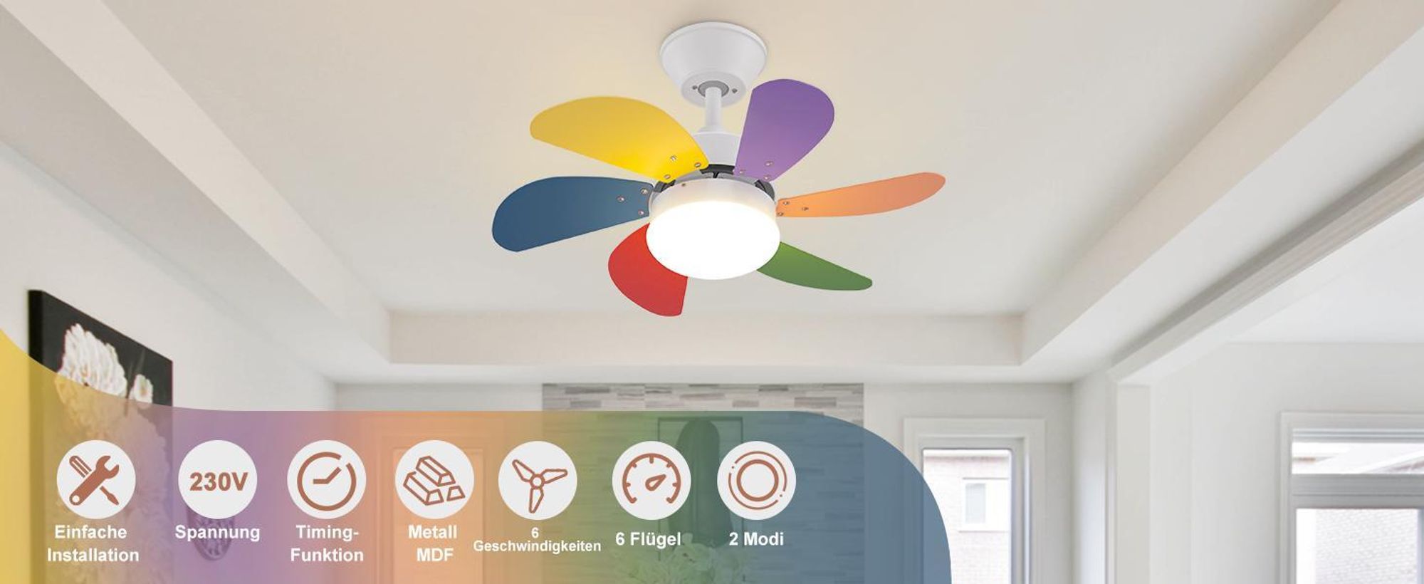 ZMH Stropní ventilátor se světlem a dálkovým ovládáním Tichý Úspora energie 6 lopatek 75 cm Časování 1H/2H/4H pro Obývací Pokoj Kuchyň